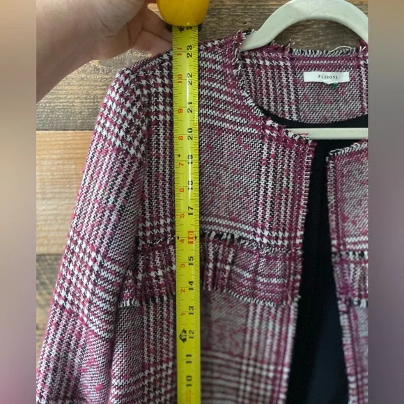 Plaid Ruffle Trim Blazer Jacket Pink Black and White Plaid Size M (Pleione) - Picture 13 of 16